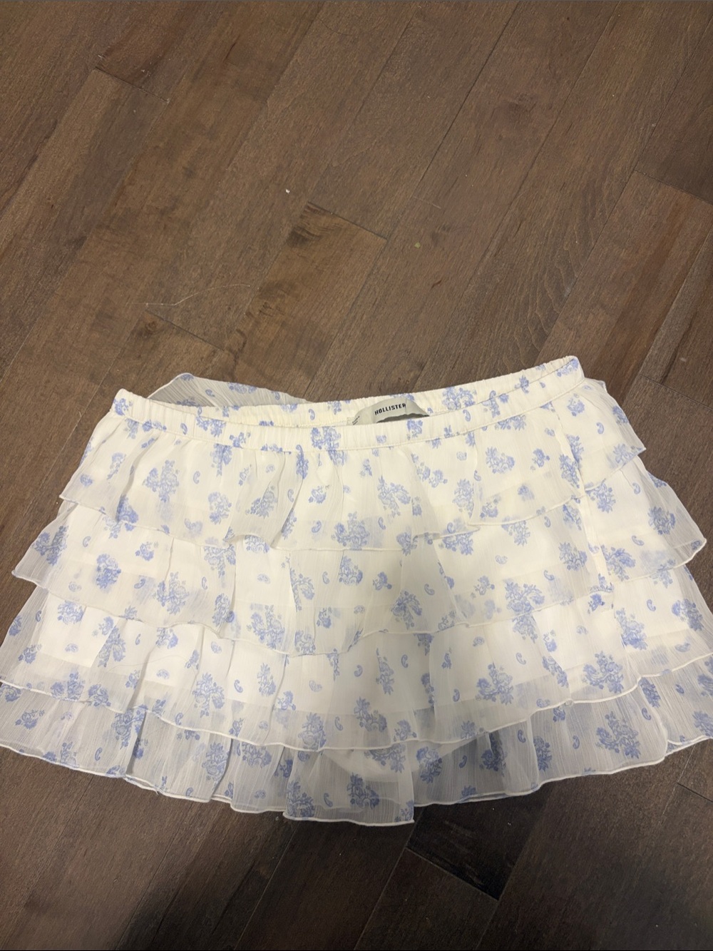 Hollister White Mini Skirt with Light Blue Floral Ruffles